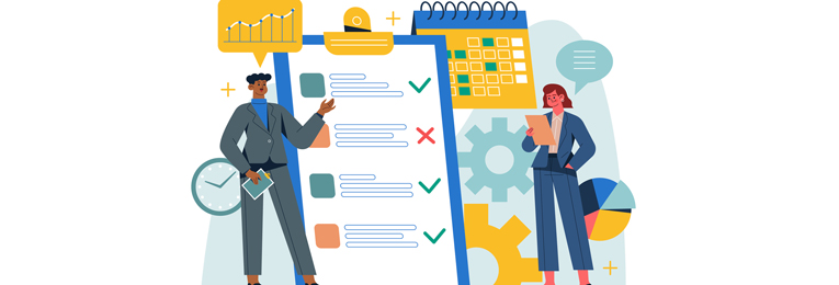 Illustrated image showing two coworkers standing in front of a huge notepad lined up with right and wrong ticks. There is a calendar icon and a clock icon floating nearby.