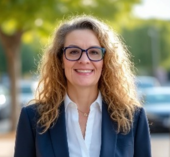 Image showing Kim mack of HR reinforced with curly long hair, standing in a scenic place, smiling at the camera.
